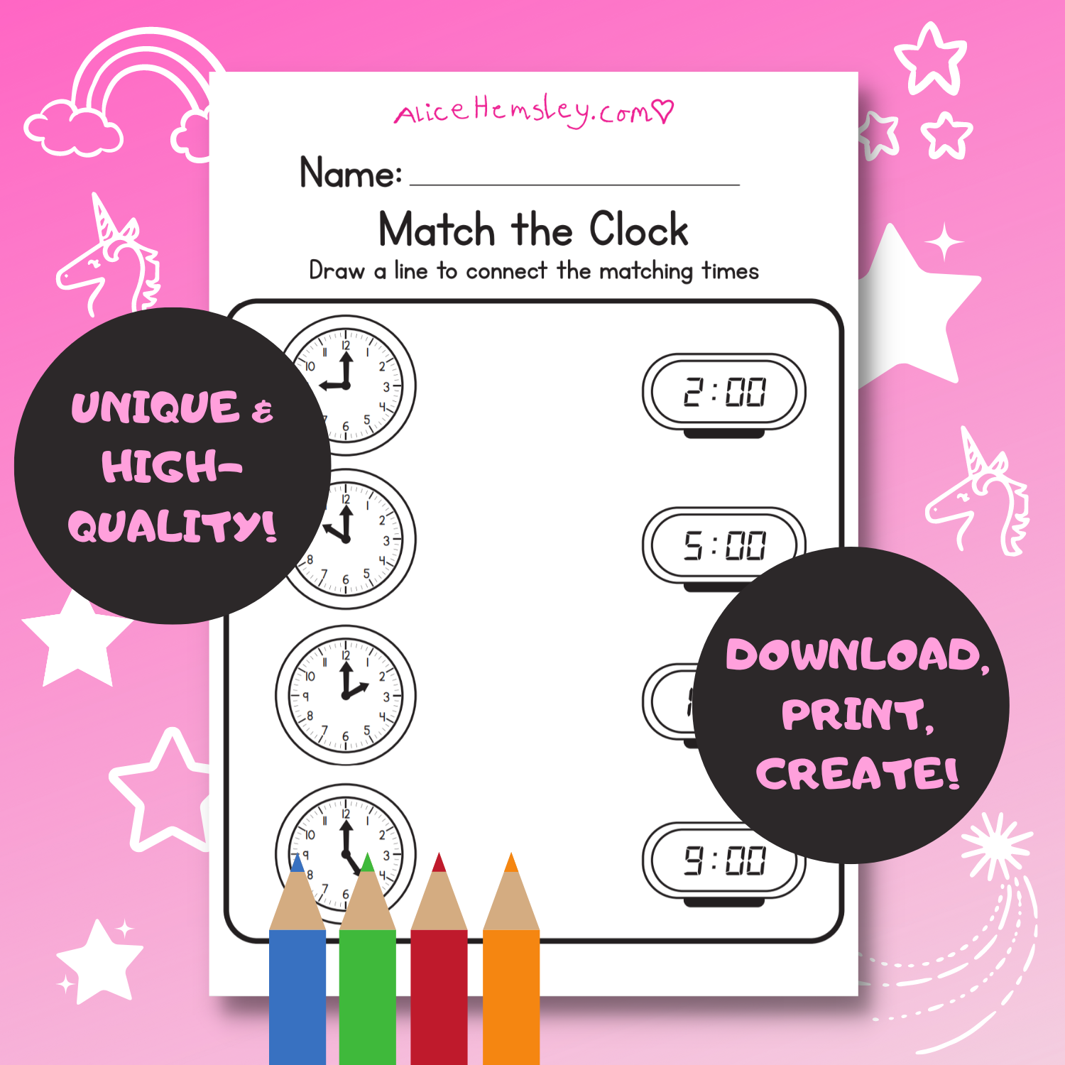 Matching Clocks Ruler Match the Clock Kids' Printable Sheet – AliceHemsley.com
